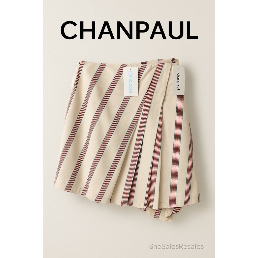 Chanpaul Bella Azul Pleated Asymmetrical Skirt Red Blue Stripe Cotton Size 6 Nwt